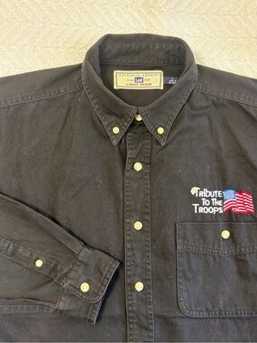 Lee VTG Tribute Troops Black Denim Button Down Shirt Mens L Embroidered USA Flag